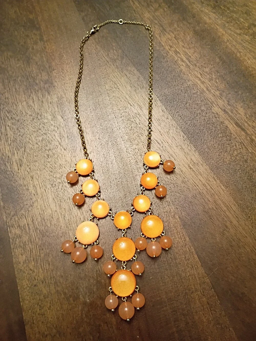 Vintage Statement Bib Necklace Orange Lucite Cabochon Beaded Gold Tone